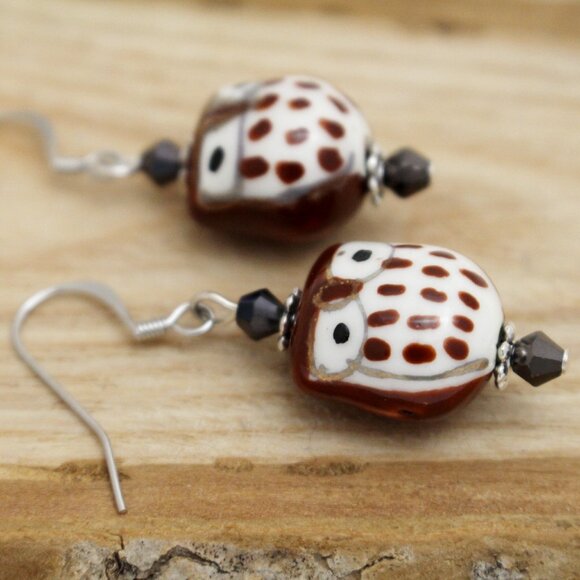 Brown Hand-painted Porcelain Owl Beaded Earrings - Hypoallergenic - Picture 4 of 8